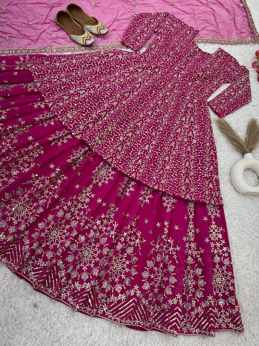 Wedding Wear Georgette Heavy Work Pink Color Top With Lehenga