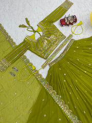 Alluring Sequence Work Mehndi Color Lehenga Choli