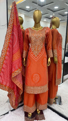 Marvelous Digital Print Work Orange Color Sharara Suit