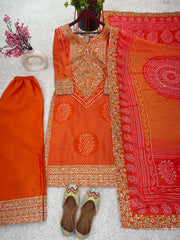 Marvelous Digital Print Work Orange Color Sharara Suit