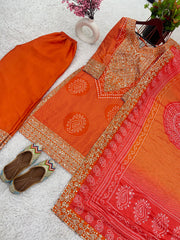 Marvelous Digital Print Work Orange Color Sharara Suit