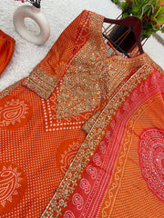 Marvelous Digital Print Work Orange Color Sharara Suit