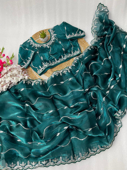 Lovely Jimmy Choo 3mm Sequence Work Teal Blue Saree