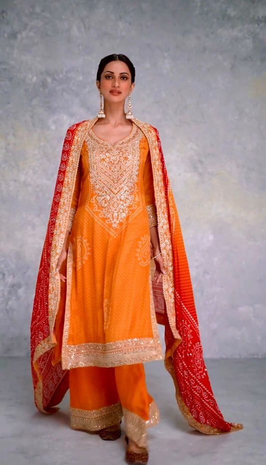 Marvelous Digital Print Work Orange Color Sharara Suit