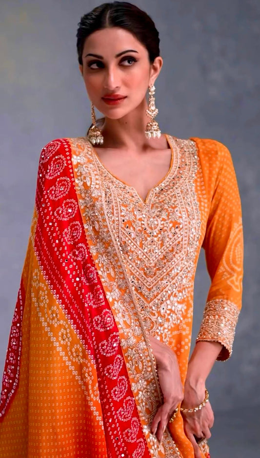 Marvelous Digital Print Work Orange Color Sharara Suit