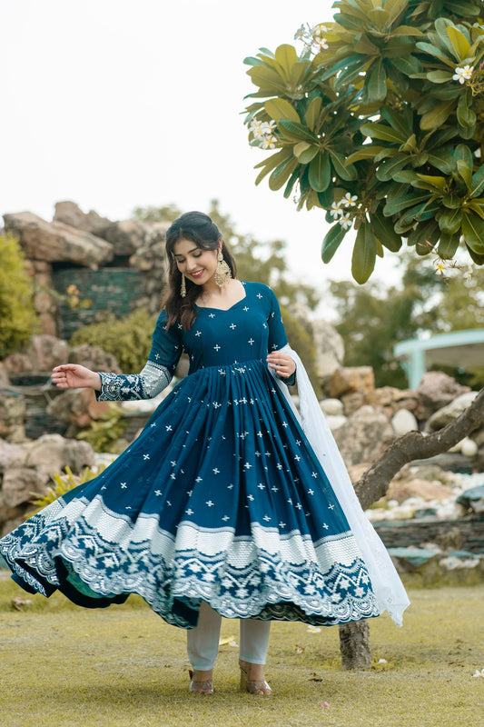 Beautiful Georgette Embroidery Work Blue Gown With Dupatta