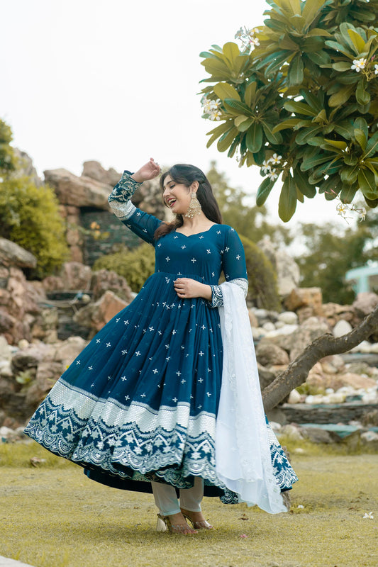 Beautiful Georgette Embroidery Work Blue Gown With Dupatta