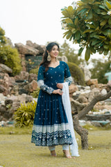 Beautiful Georgette Embroidery Work Blue Gown With Dupatta