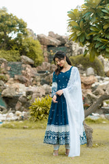 Beautiful Georgette Embroidery Work Blue Gown With Dupatta