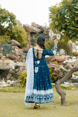 Beautiful Georgette Embroidery Work Blue Gown With Dupatta