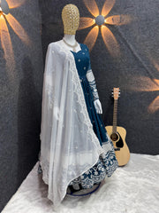 Beautiful Georgette Embroidery Work Blue Gown With Dupatta