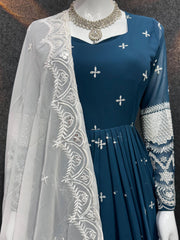 Beautiful Georgette Embroidery Work Blue Gown With Dupatta