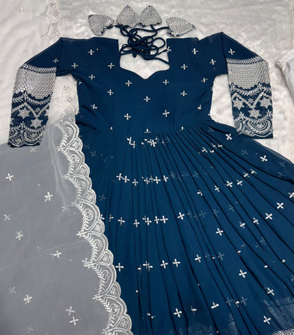 Beautiful Georgette Embroidery Work Blue Gown With Dupatta