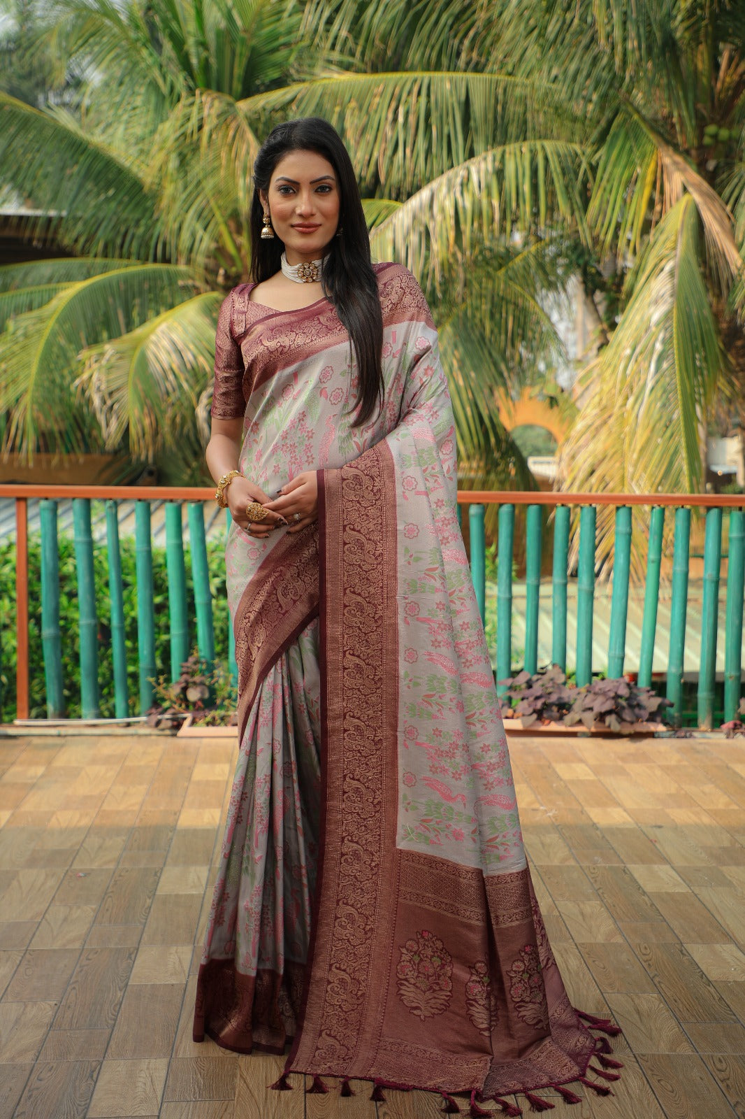 Delightful Maroon Border With Grey Color Kanjivaram Silk Saree