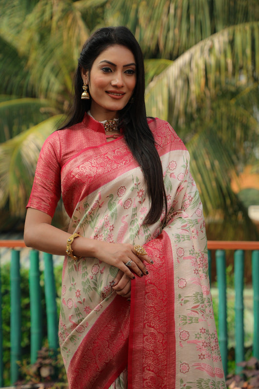 Delightful Red Border With Cream Color Kanjivaram Silk Saree