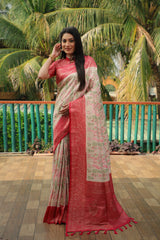 Delightful Red Border With Cream Color Kanjivaram Silk Saree