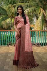 Delightful Wine Border With Pink Color Kanjivaram Silk Saree