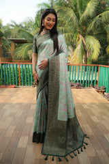 Delightful Green Border With Pista Color Kanjivaram Silk Saree