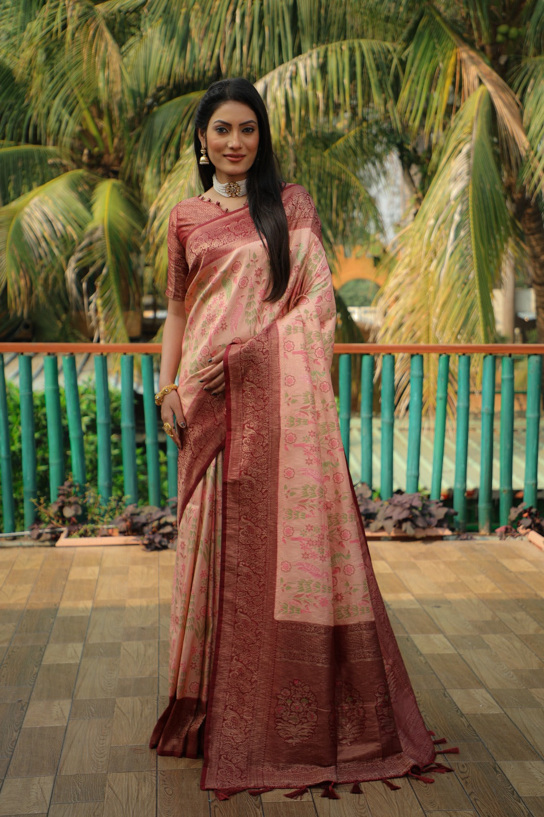 Delightful Maroon Border With Peach Color Kanjivaram Silk Saree