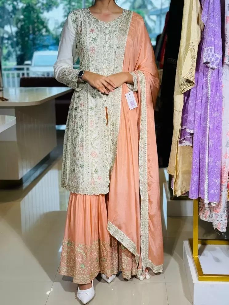 Pakistani Orange With White Color Dimond Work Sharara Suit