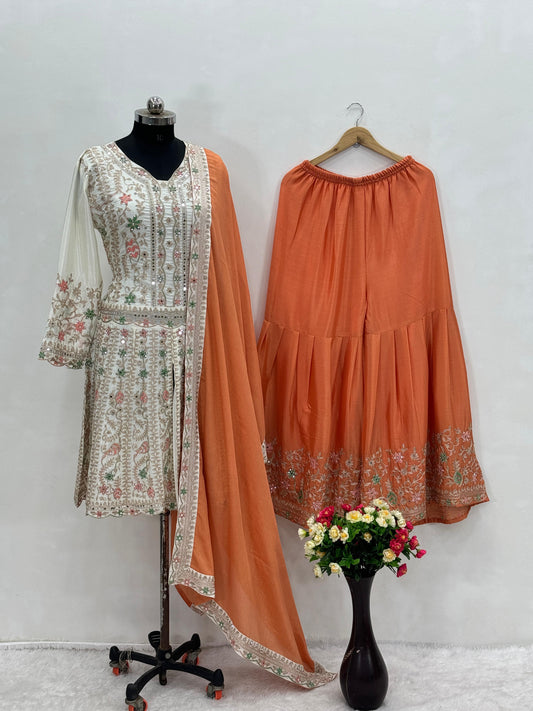 Pakistani Orange With White Color Dimond Work Sharara Suit