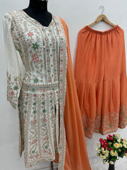 Pakistani Orange With White Color Dimond Work Sharara Suit