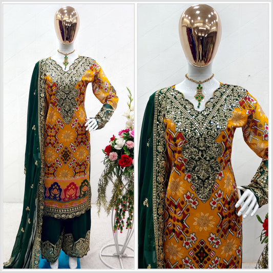 Imposing Green With Yellow Multi Print Design Demanding Palazzo Suit