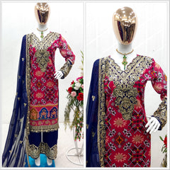 Imposing Blue With Pink Multi Print Design Demanding Palazzo Suit