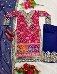 Imposing Blue With Pink Multi Print Design Demanding Palazzo Suit