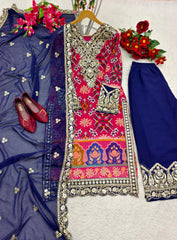 Imposing Blue With Pink Multi Print Design Demanding Palazzo Suit