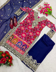 Imposing Blue With Pink Multi Print Design Demanding Palazzo Suit