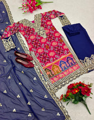 Imposing Blue With Pink Multi Print Design Demanding Palazzo Suit