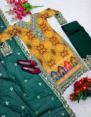 Imposing Green With Yellow Multi Print Design Demanding Palazzo Suit