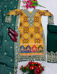 Imposing Green With Yellow Multi Print Design Demanding Palazzo Suit