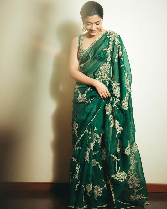 Rashmika Mandanna Organza Green Color Embroidery Work Fancy Saree