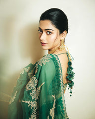 Rashmika Mandanna Organza Green Color Embroidery Work Fancy Saree