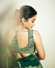 Rashmika Mandanna Organza Green Color Embroidery Work Fancy Saree