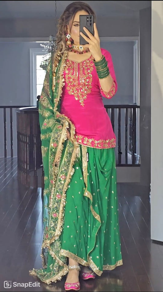 Punjabi Style Pink WIth Green Georgette Sequence Work Lehenga With Too