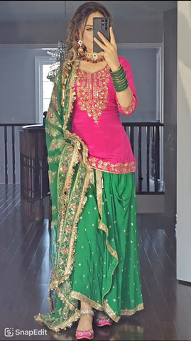 Punjabi Style Pink WIth Green Georgette Sequence Work Lehenga With Top