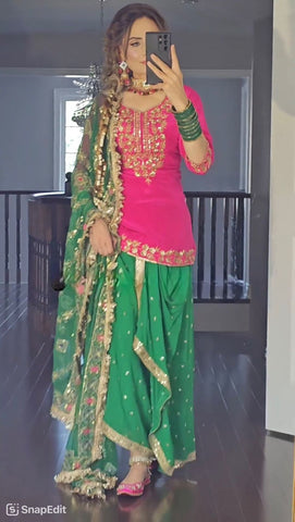 Punjabi Style Pink WIth Green Georgette Sequence Work Lehenga With Top