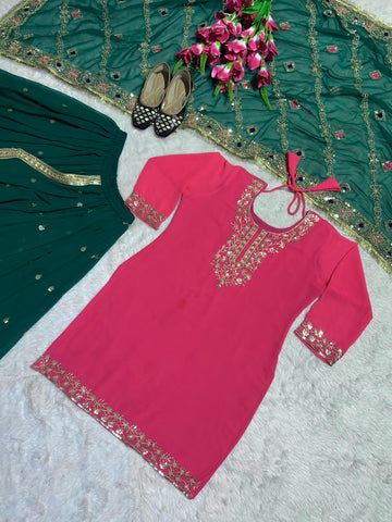 Punjabi Style Pink WIth Green Georgette Sequence Work Lehenga With Top