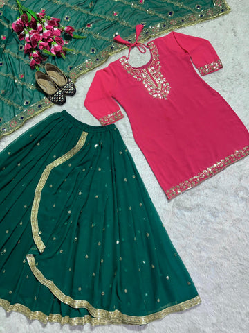 Punjabi Style Pink WIth Green Georgette Sequence Work Lehenga With Top
