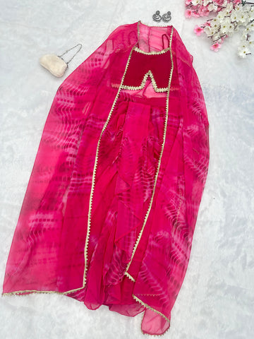 Charming Pink Color Printed Drape Style Skirt With Crop Top