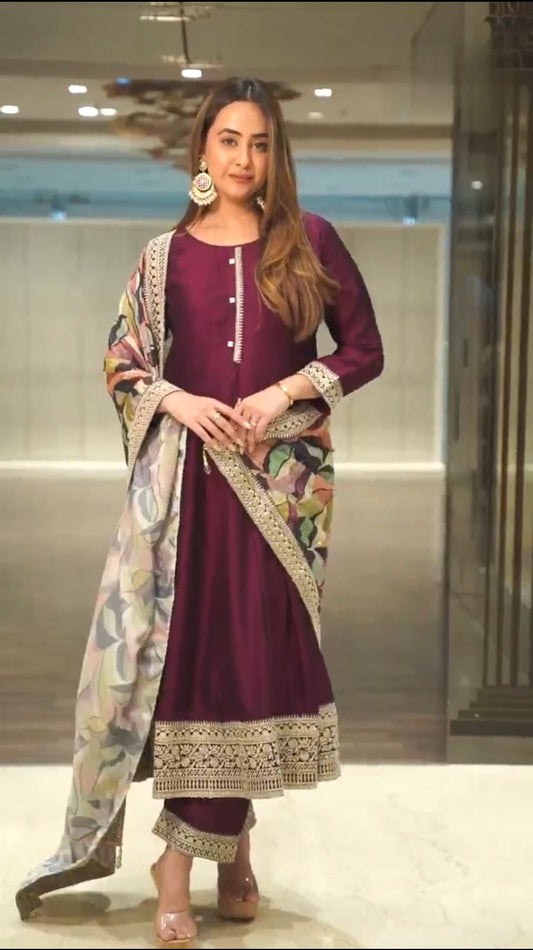 Exotic Maroon Color Sequence Work Gown With Printed Dupatta