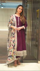 Exotic Maroon Color Sequence Work Gown With Printed Dupatta