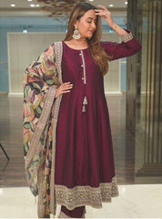 Exotic Maroon Color Sequence Work Gown With Printed Dupatta