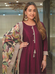 Exotic Maroon Color Sequence Work Gown With Printed Dupatta