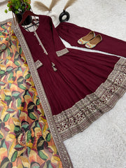 Exotic Maroon Color Sequence Work Gown With Printed Dupatta