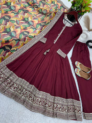 Exotic Maroon Color Sequence Work Gown With Printed Dupatta