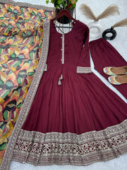 Exotic Maroon Color Sequence Work Gown With Printed Dupatta